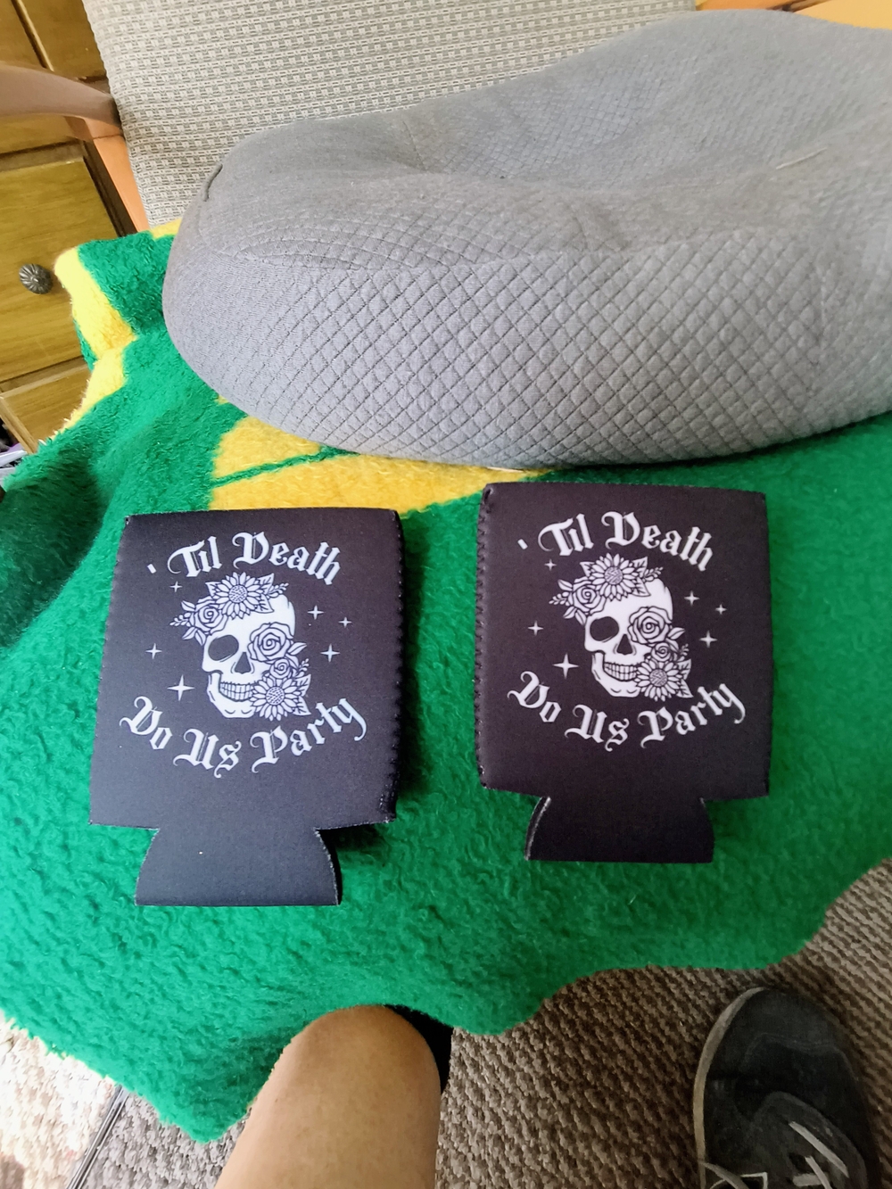 Black 'Til Death Do Us Party' Skull Can Cooler - Soda Or Beer Cans Set Of Two